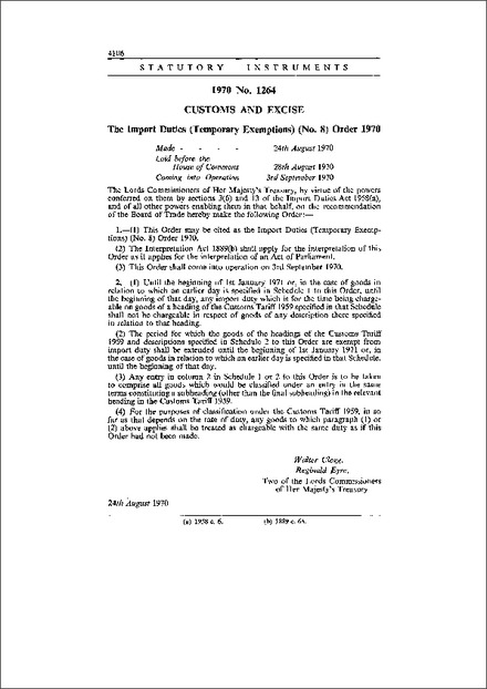 The Import Duties (Temporary Exemptions) (No. 8) Order 1970
