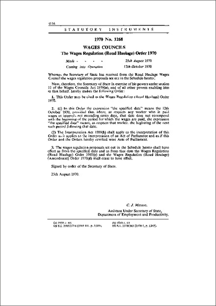 The Wages Regulation (Road Haulage) Order 1970