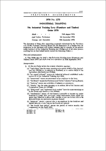 The Industrial Training Levy (Furniture and Timber) Order 1970