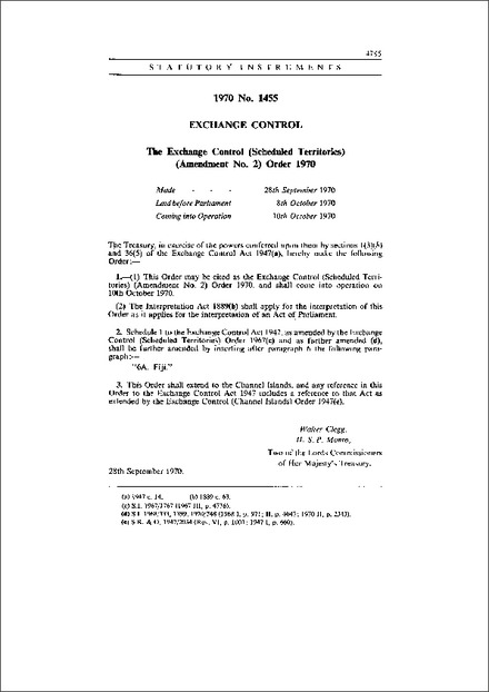 The Exchange Control (Scheduled Territories) (Amendment No. 2) Order 1970