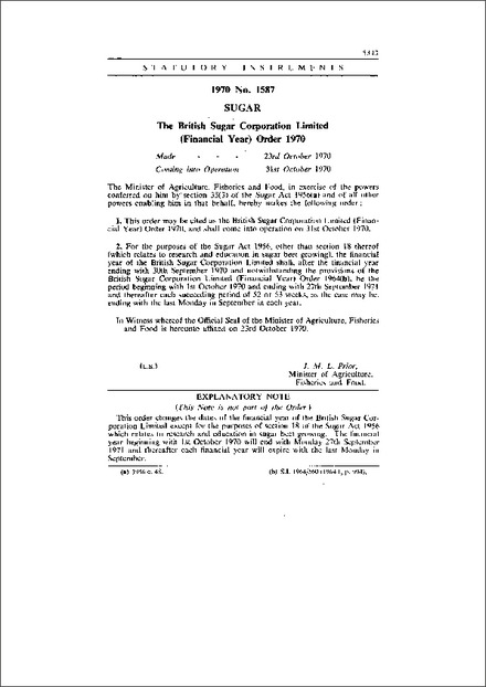 The British Sugar Corporation Limited (Financial Year) Order 1970