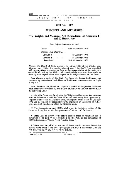 The Weights and Measures Act (Amendment of Schedules 1 and 3) Order 1970