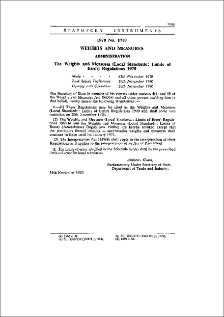 The Weights and Measures (Local Standards : Limits of Error) Regulations 1970