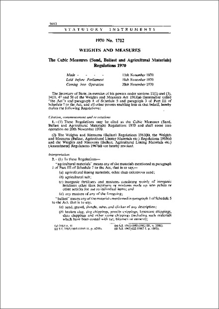 The Cubic Measures (Sand, Ballast and Agricultural Materials) Regulations 1970