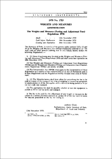 The Weights and Measures (Testing and Adjustment Fees) Regulations 1970