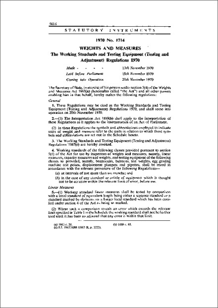 The Working Standards and Testing Equipment (Testing and Adjustment) Regulations 1970