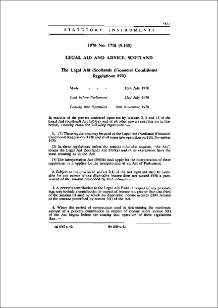 The Legal Aid (Scotland) (Financial Conditions) Regulations 1970