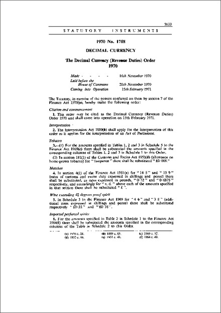 The Decimal Currency (Revenue Duties) Order 1970