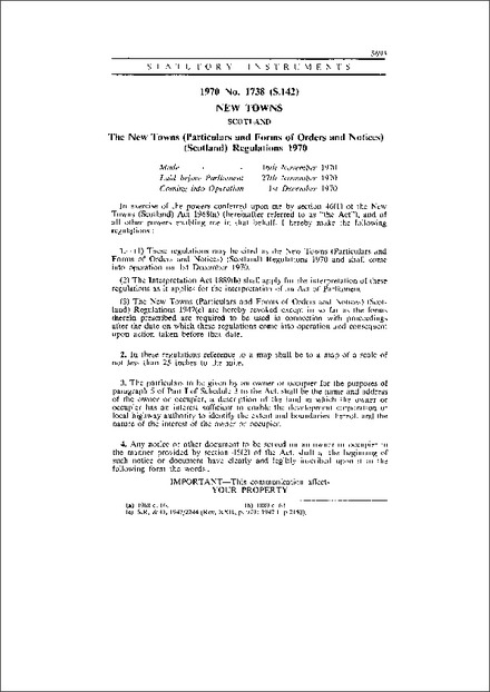 The New Towns (Particulars and Forms of Orders and Notices) (Scotland) Regulations 1970