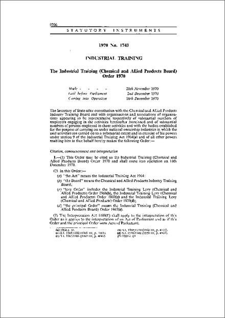 The Industrial Training (Chemical and Allied Products Board) Order 1970