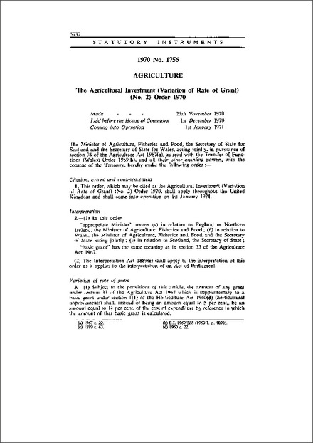 The Agricultural Investment (Variation of Rate of Grant) (No. 2) Order 1970