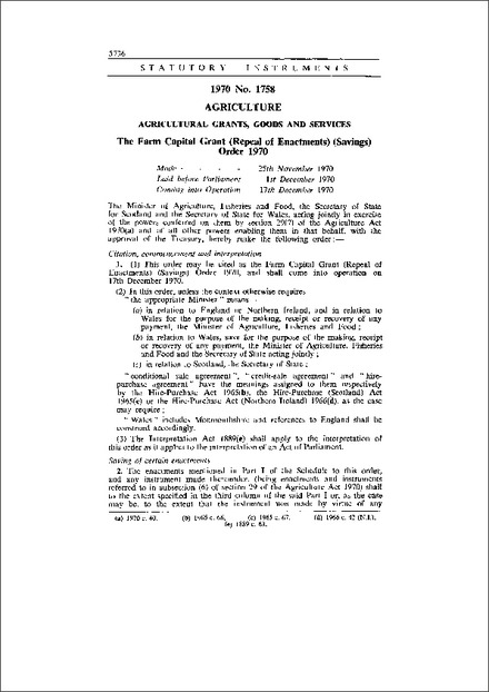 The Farm Capital Grant (Repeal of Enactments) (Savings) Order 1970