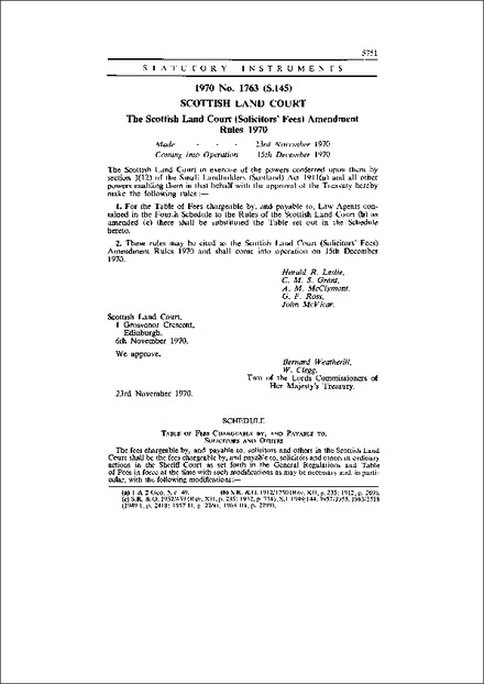 The Scottish Land Court (Solicitors' Fees) Amendment Rules 1970