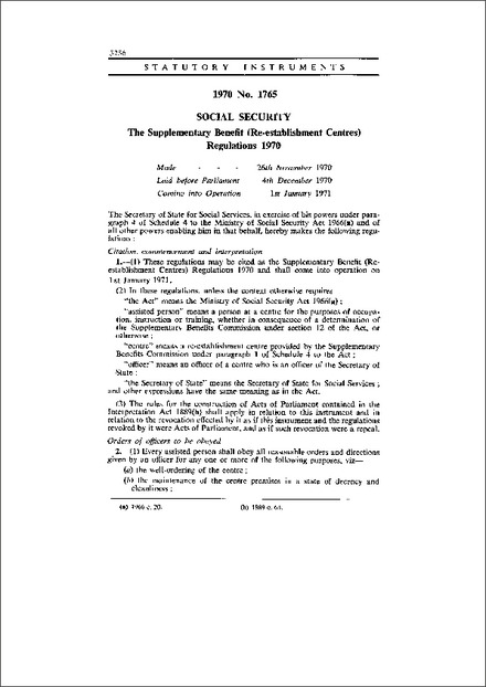 The Supplementary Benefit (Re-establishment Centres) Regulations 1970