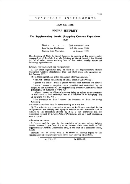 The Supplementary Benefit (Reception Centres) Regulations 1970