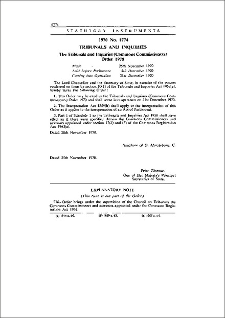 The Tribunals and Inquiries (Commons Commissioners) Order 1970