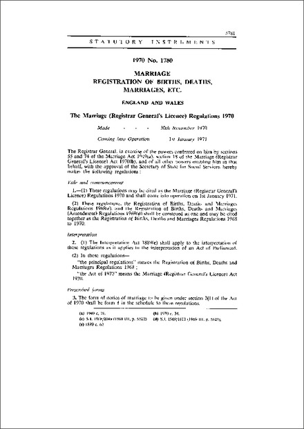The Marriage (Registrar General's Licence) Regulations 1970