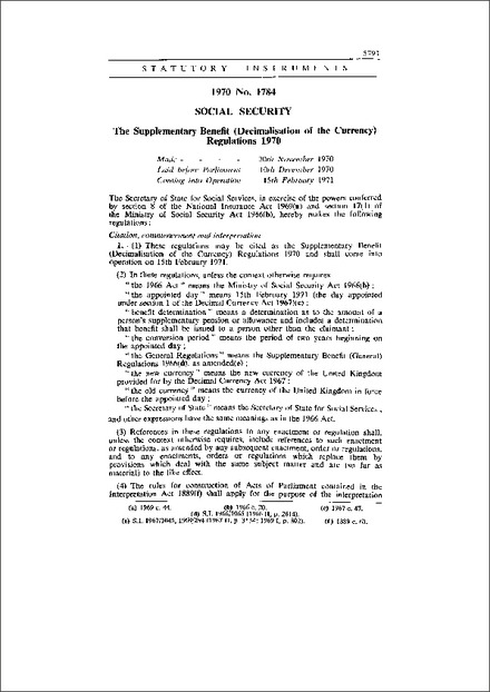 The Supplementary Benefit (Decimalisation of the Currency) Regulations 1970