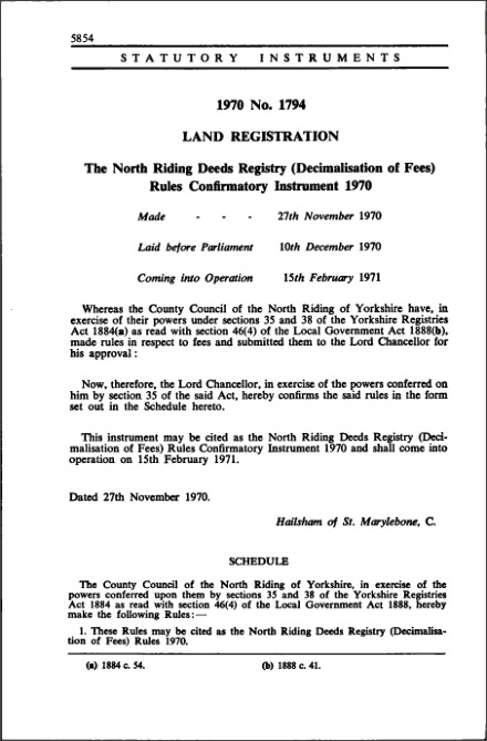 The North Riding Deeds Registry (Decimalisation of Fees) Rules Confirmatory Instrument 1970