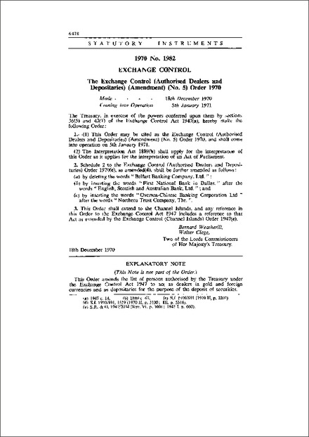 The Exchange Control (Authorised Dealers and Depositaries) (Amendment) (No. 5) Order 1970