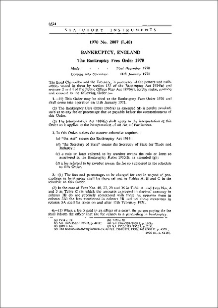 The Bankruptcy Fees Order 1970