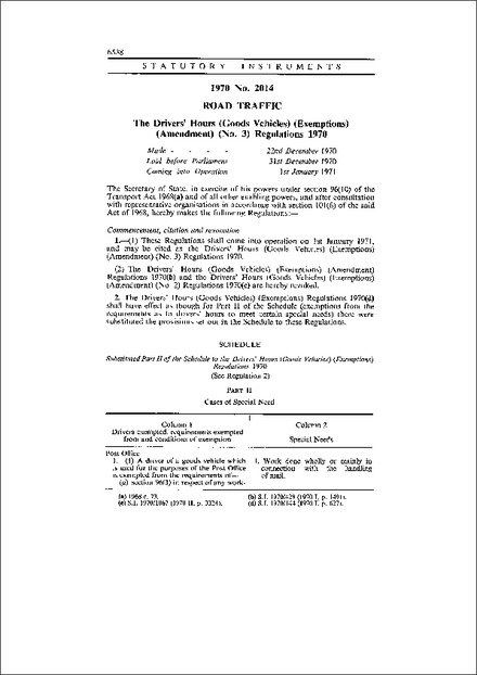 The Drivers' Hours (Goods Vehicles) (Exemptions) (Amendment) (No. 3) Regulations 1970