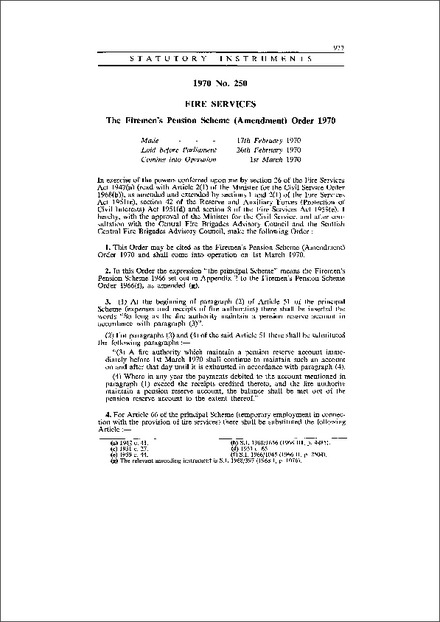 The Firemen's Pension Scheme (Amendment) Order 1970