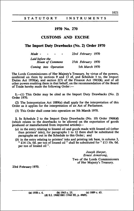 The Import Duty Drawbacks (No. 2) Order 1970
