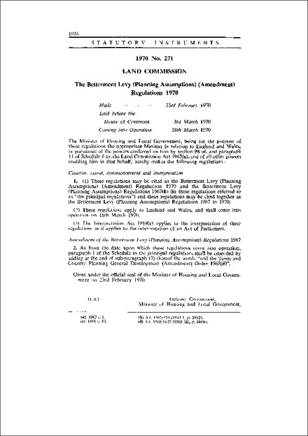 The Betterment Levy (Planning Assumptions) (Amendment) Regulations 1970