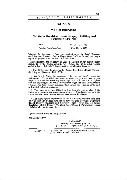 The Wages Regulation (Retail Drapery, Outfitting and Footwear) Order 1970