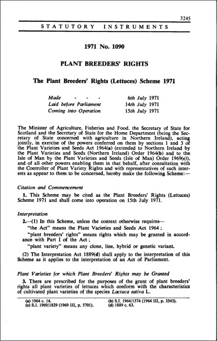 The Plant Breeders' Rights (Lettuces) Scheme 1971