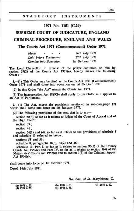 The Courts Act 1971 (Commencement) Order 1971