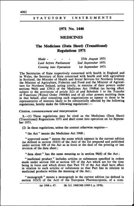 The Medicines (Data Sheet) (Transitional) Regulations 1971