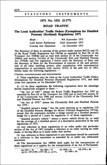 The Local Authorities' Traffic Orders (Exemptions for Disabled Persons) (Scotland) Regulations 1971