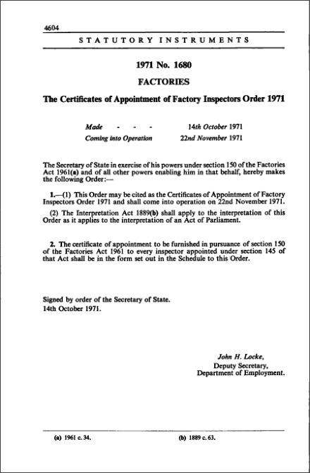 The Certificates of Appointment of Factory Inspectors Order 1971