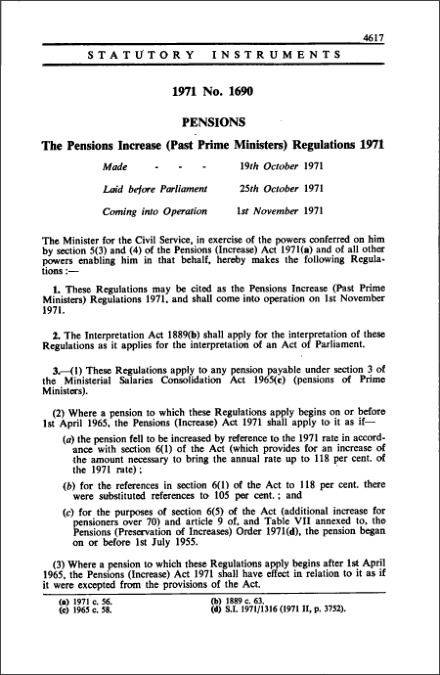 The Pensions Increase (Past Prime Ministers) Regulations 1971