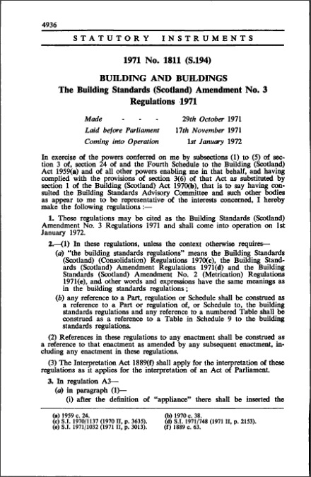 The Building Standards (Scotland) Amendment No. 3 Regulations 1971