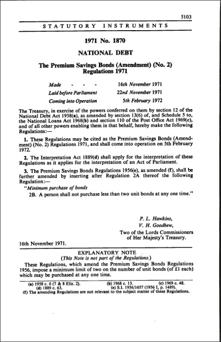 The Premium Savings Bonds (Amendment) (No. 2) Regulations 1971