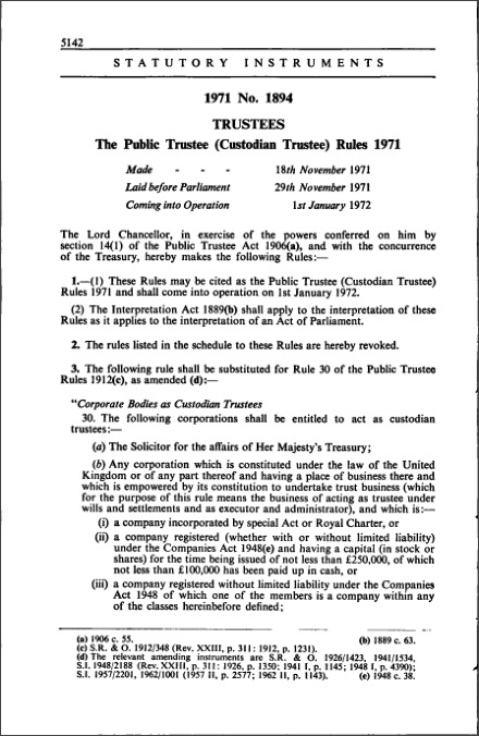 The Public Trustee (Custodian Trustee) Rules 1971