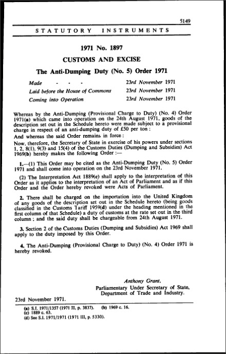 The Anti-Dumping Duty (No. 5) Order 1971