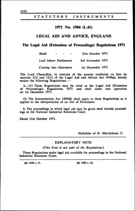 The Legal Aid (Extension of Proceedings) Regulations 1971