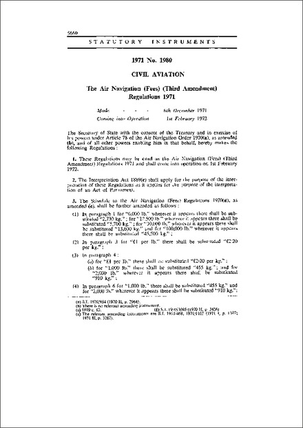 The Air Navigation (Fees) (Third Amendment) Regulations 1971