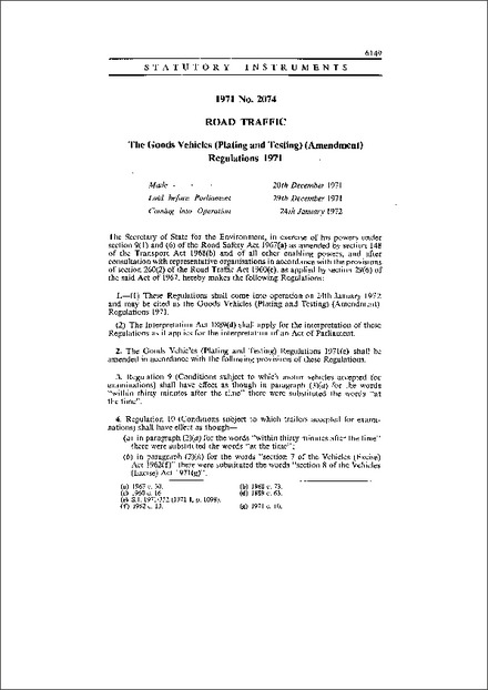 The Goods Vehicles (Plating and Testing) (Amendment) Regulations 1971