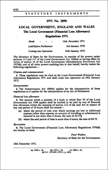 The Local Government (Financial Loss Allowance) Regulations 1971