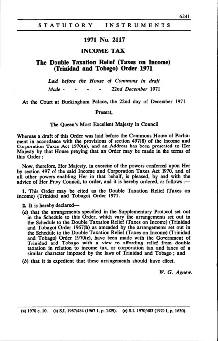 The Double Taxation Relief (Taxes on Income) (Trinidad and Tobago) Order 1971
