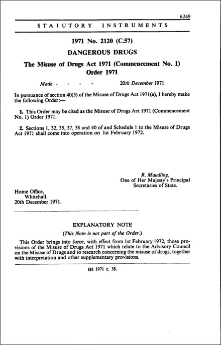 The Misuse of Drugs Act 1971 (Commencement No. 1) Order 1971