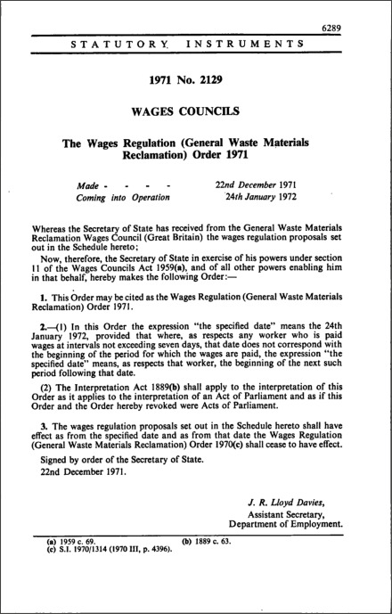 The Wages Regulation (General Waste Materials Reclamation) Order 1971