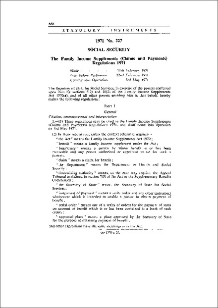 The Family Income Supplements (Claims and Payments) Regulations 1971