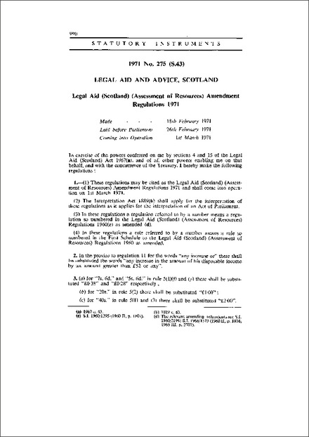 Legal Aid (Scotland) (Assessment of Resources) Amendment Regulations 1971