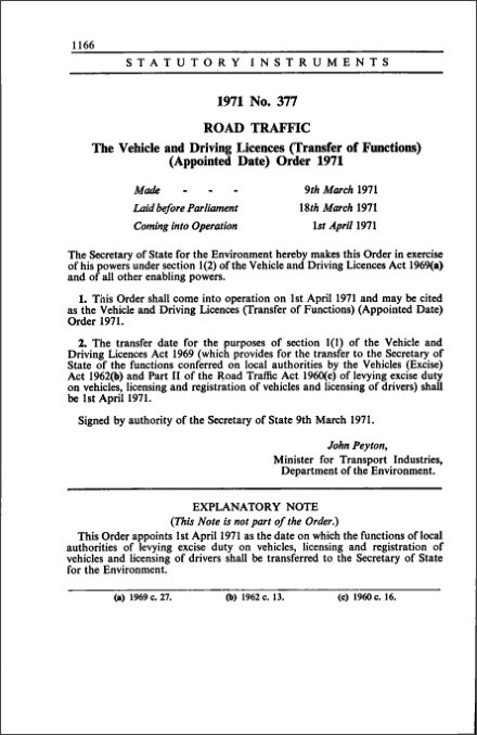 The Vehicle and Driving Licences (Transfer of Functions) (Appointed Date) Order 1971